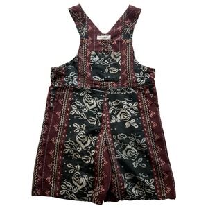 Vintage Burgundy Black Floral Tapestry Bohemian Festival Short Overalls Size M